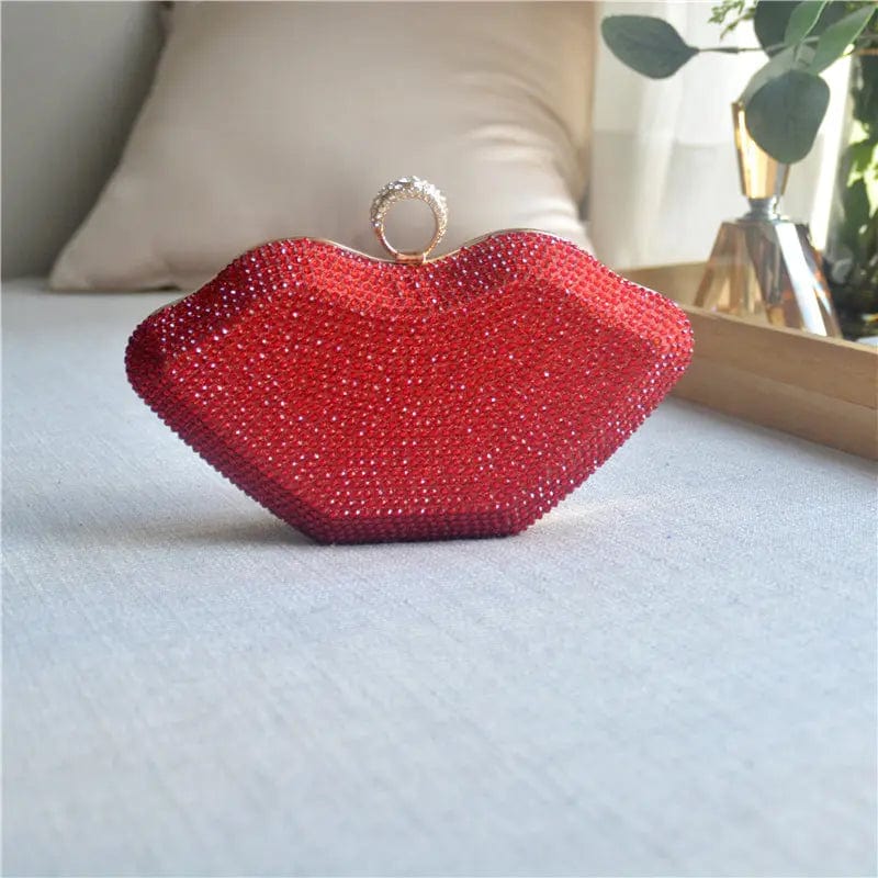 21X6X14CM / Red Fashion Woman Hand Bags Wedding Diamond Clutch Woman Evening Bags Bling Lip Shape Rhinestones Purses And Sunglasses Set
