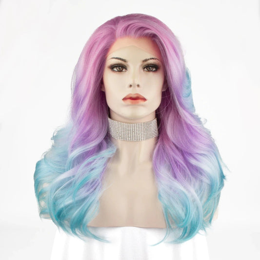 22 Inches / N9-SF01-2151-a-GL Celebrity 22inch 150% Density dyed purple blue Natural Color Wave  pre plucked hairline synthetic lace wigs heat resistant