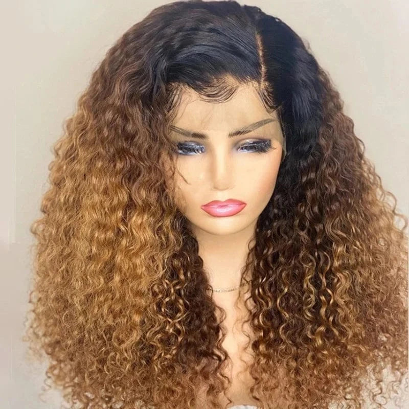 22 Inches / Ombre Brown Wholesale Brazilian Raw Hair 13*4 Lace Front Wig Ombre Brown Color Kinky Curly 180% Density Human Hair Wig