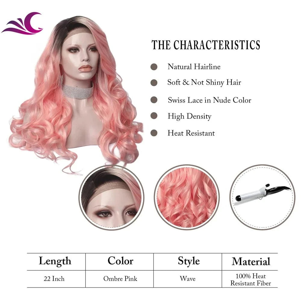 22 Inches / W139-TB2335-S Celebrity  free sample Best Hot Selling Wholesale 13x3 Lace part Pink Long Wavy Natural Hairline Lace Front Synthetic Hair Wigs