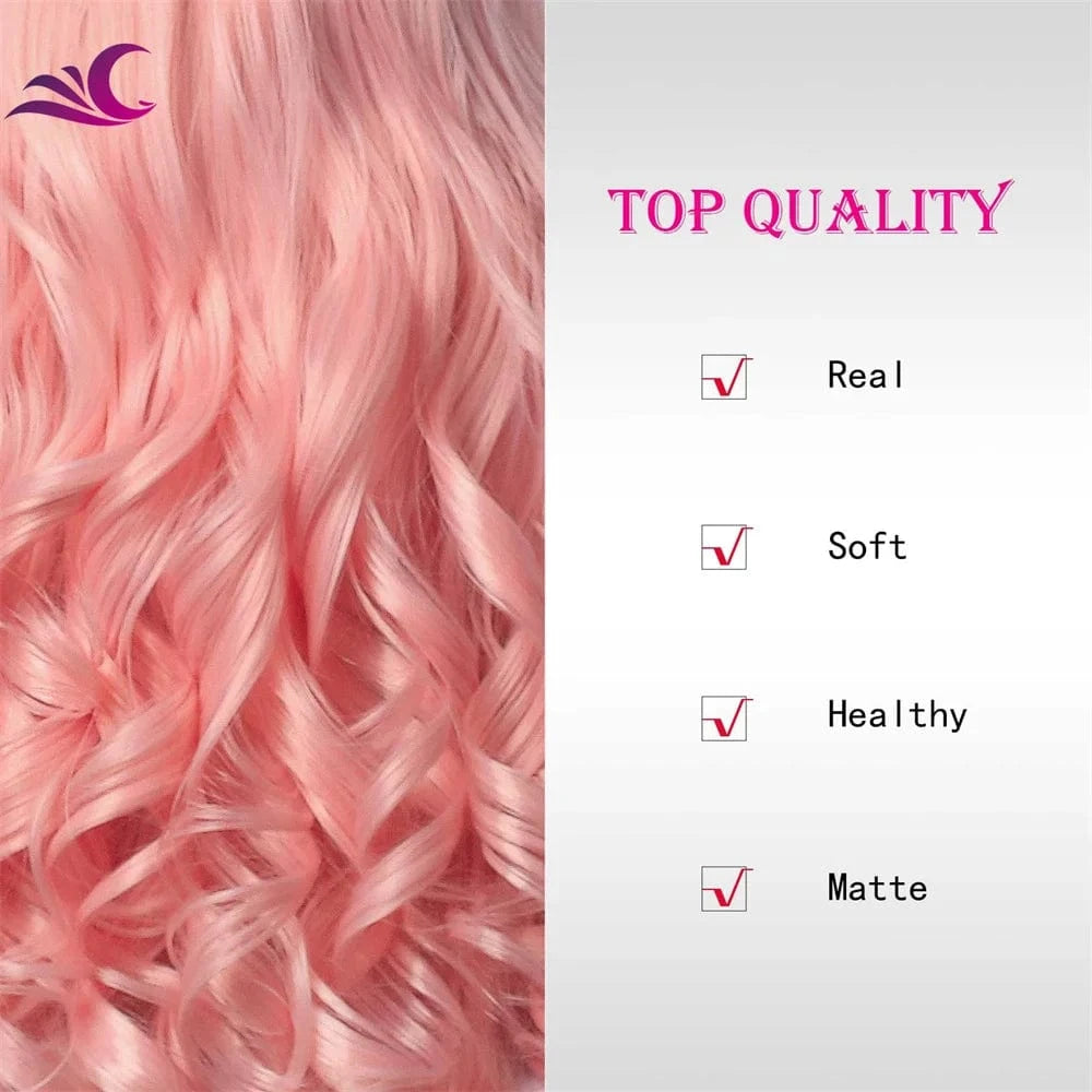 22 Inches / W139-TB2335-S Celebrity  free sample Best Hot Selling Wholesale 13x3 Lace part Pink Long Wavy Natural Hairline Lace Front Synthetic Hair Wigs