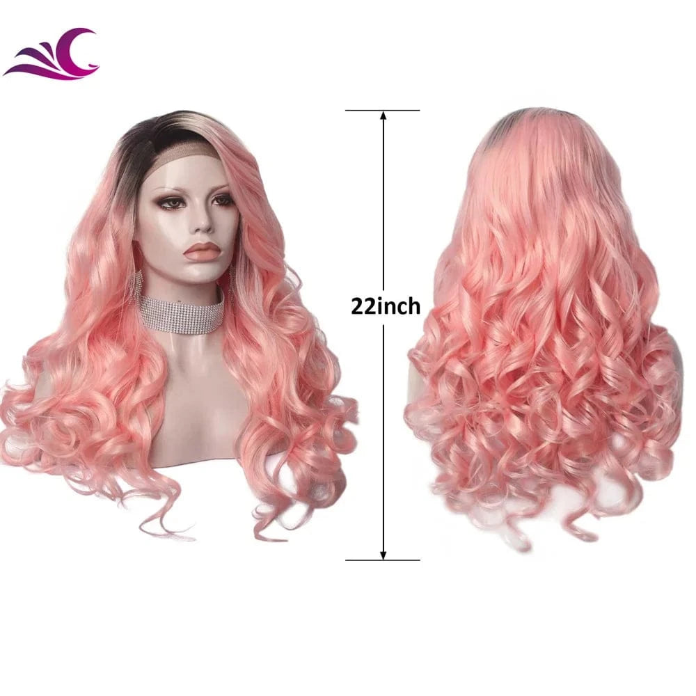 22 Inches / W139-TB2335-S Celebrity  free sample Best Hot Selling Wholesale 13x3 Lace part Pink Long Wavy Natural Hairline Lace Front Synthetic Hair Wigs