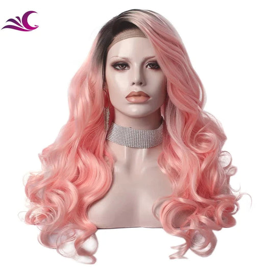 22 Inches / W139-TB2335-S Celebrity  free sample Best Hot Selling Wholesale 13x3 Lace part Pink Long Wavy Natural Hairline Lace Front Synthetic Hair Wigs