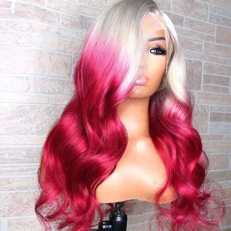 22 Inches / Wig 5 Freedom Quality Ombre Pink Color Body Wave Wig Virgin European Cuticle Aligned Hair HD Transparent Lace Front Wigs For Women