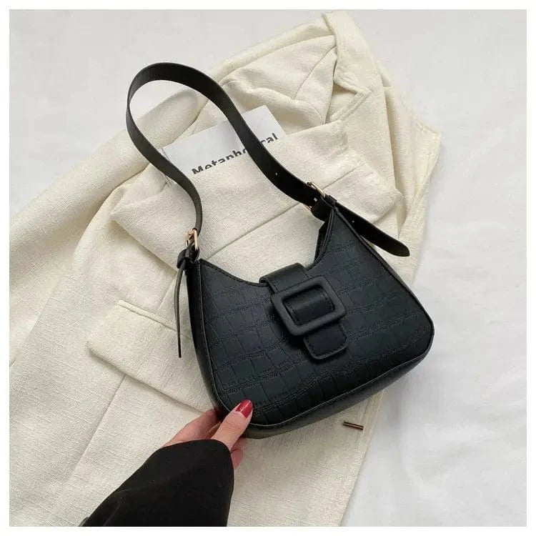 22x13x6cm / Black Women Belt Lock Stone Pattern Underarm Bag Casual Shoulder Handbag 2024 Fashion Light Weight Korean Version Square Buckle Purse