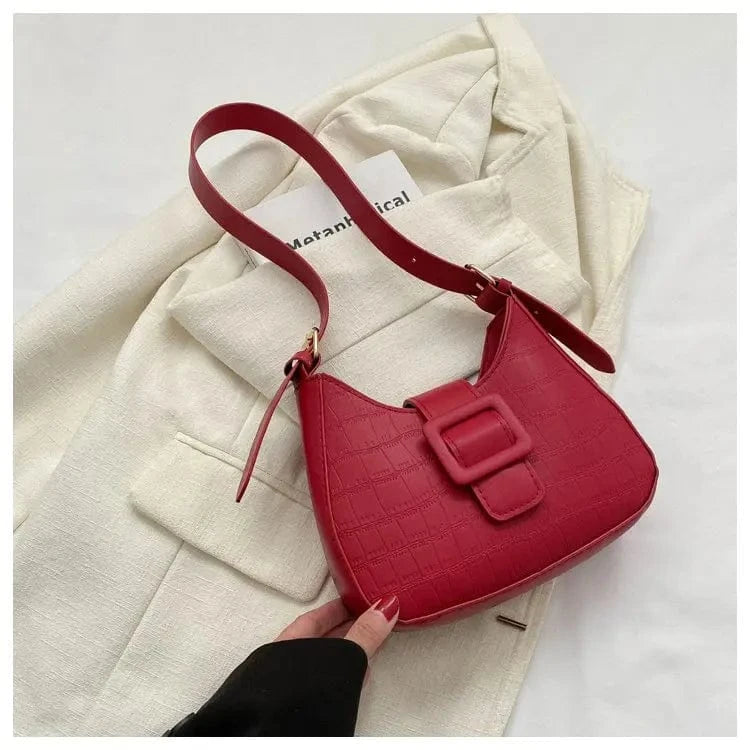 22x13x6cm / Red Women Belt Lock Stone Pattern Underarm Bag Casual Shoulder Handbag 2024 Fashion Light Weight Korean Version Square Buckle Purse