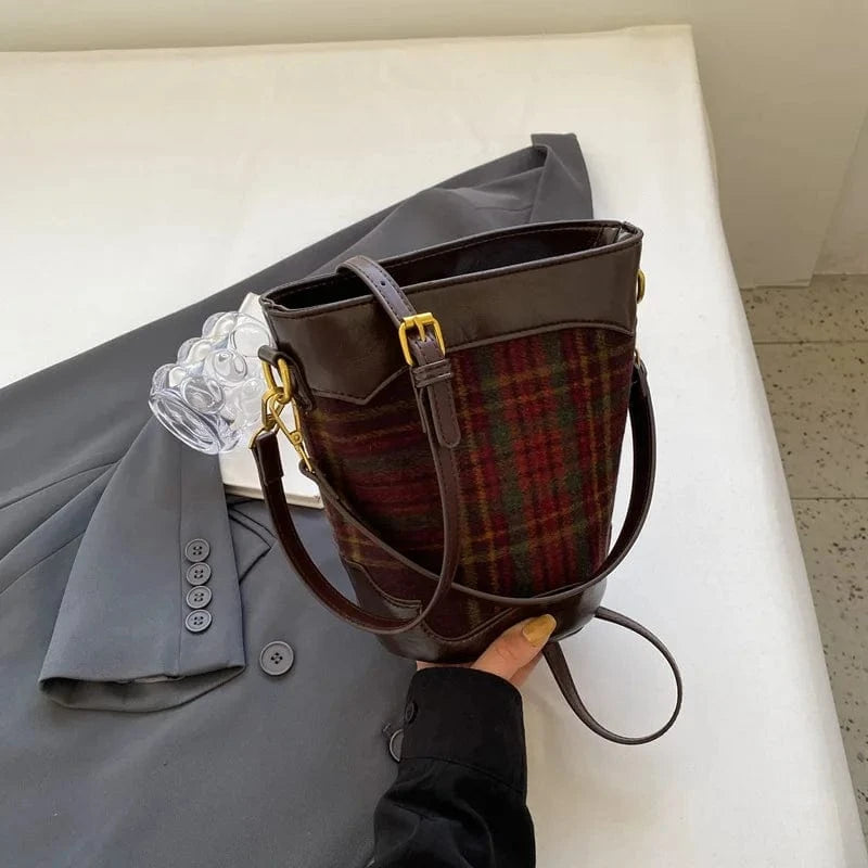 22x21x15cm / Coffee Winter Woolen Checkered Print Shoulder Bag Ladies Fashion Crossbody Bucket Bag For Women Designer Handbag Small Tote Bag