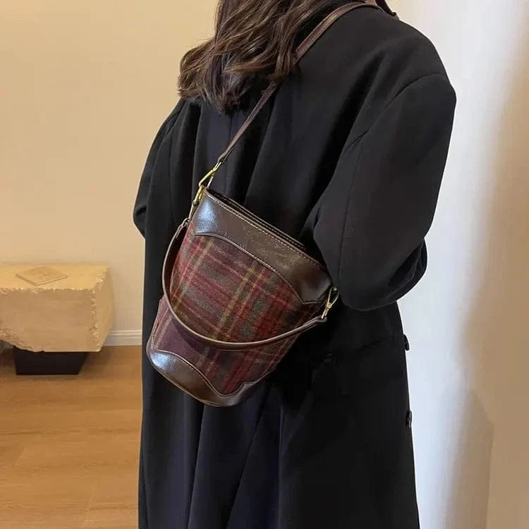 22x21x15cm / Coffee Winter Woolen Checkered Print Shoulder Bag Ladies Fashion Crossbody Bucket Bag For Women Designer Handbag Small Tote Bag