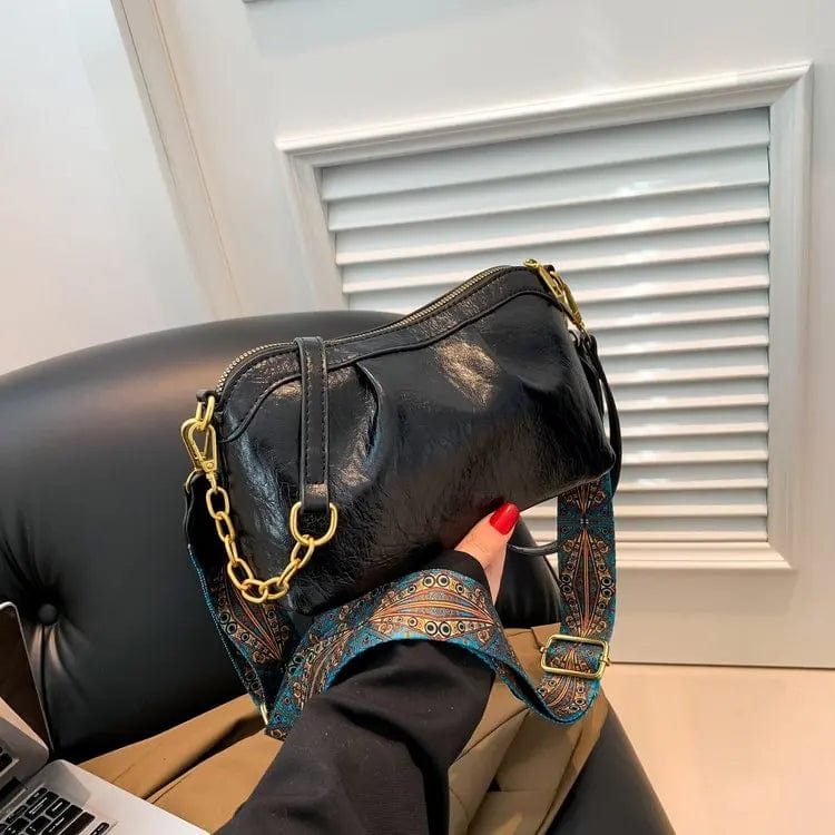 23x14x9cm / Black Oil Wax PU Leather Cross Body Small Bag for Women Fashionable and Versatile Shoulder Ruched Hand Bag Ladies Casual Phone Bag