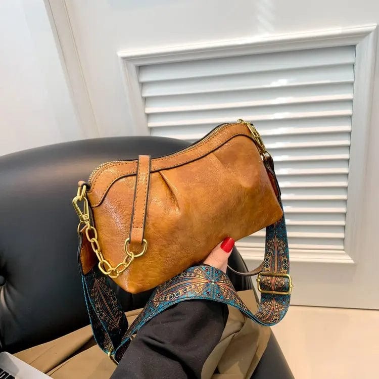 23x14x9cm / Brown Oil Wax PU Leather Cross Body Small Bag for Women Fashionable and Versatile Shoulder Ruched Hand Bag Ladies Casual Phone Bag