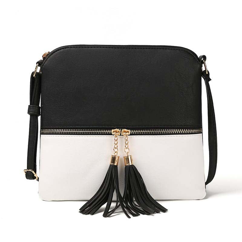 24*2*23cm / Black and white Lightweight Medium Sized Purse Dome Avery Crossbody Bag with Tassel and Zipper Pocket and Adjustable Strap