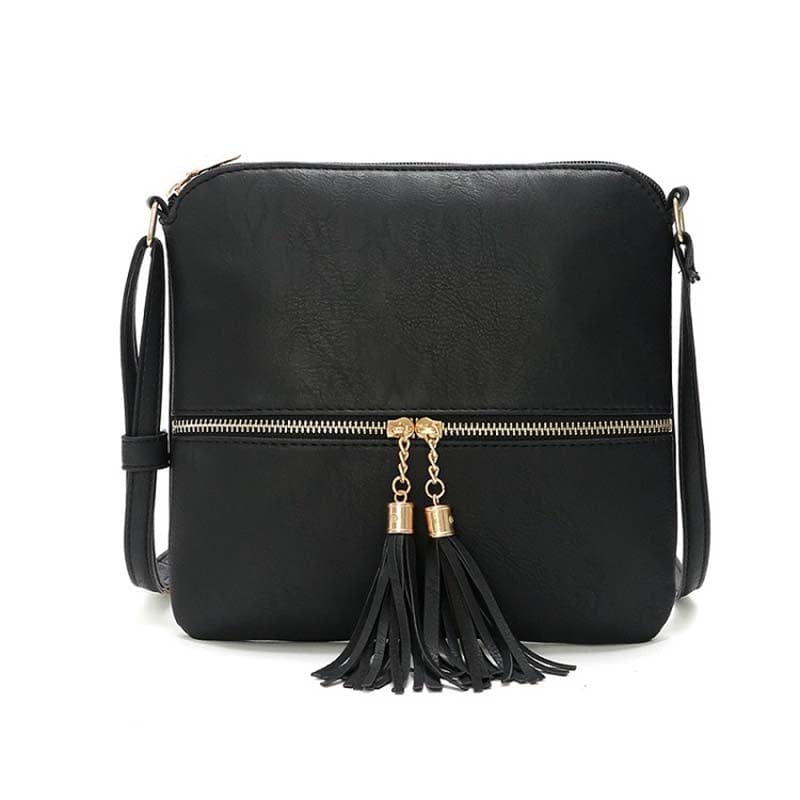 24*2*23cm / black Lightweight Medium Sized Purse Dome Avery Crossbody Bag with Tassel and Zipper Pocket and Adjustable Strap