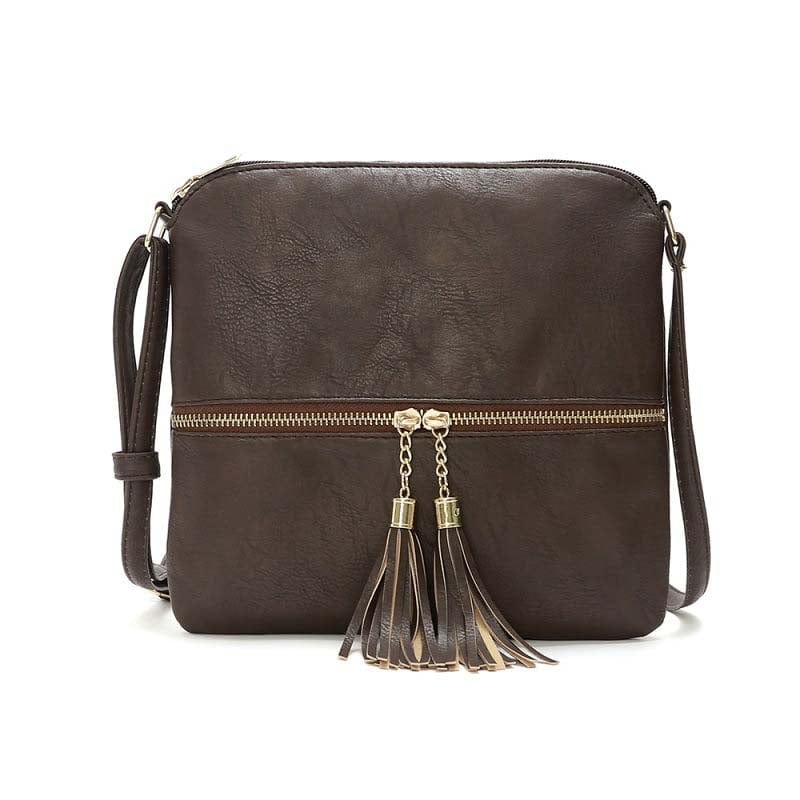 24*2*23cm / Coffee Lightweight Medium Sized Purse Dome Avery Crossbody Bag with Tassel and Zipper Pocket and Adjustable Strap
