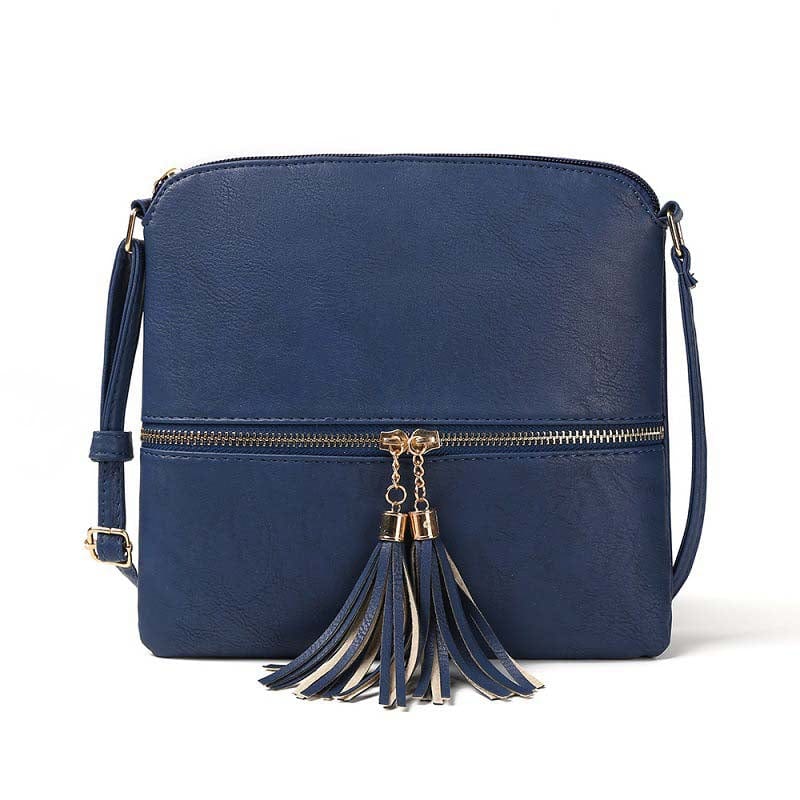24*2*23cm / Navy Blue Lightweight Medium Sized Purse Dome Avery Crossbody Bag with Tassel and Zipper Pocket and Adjustable Strap