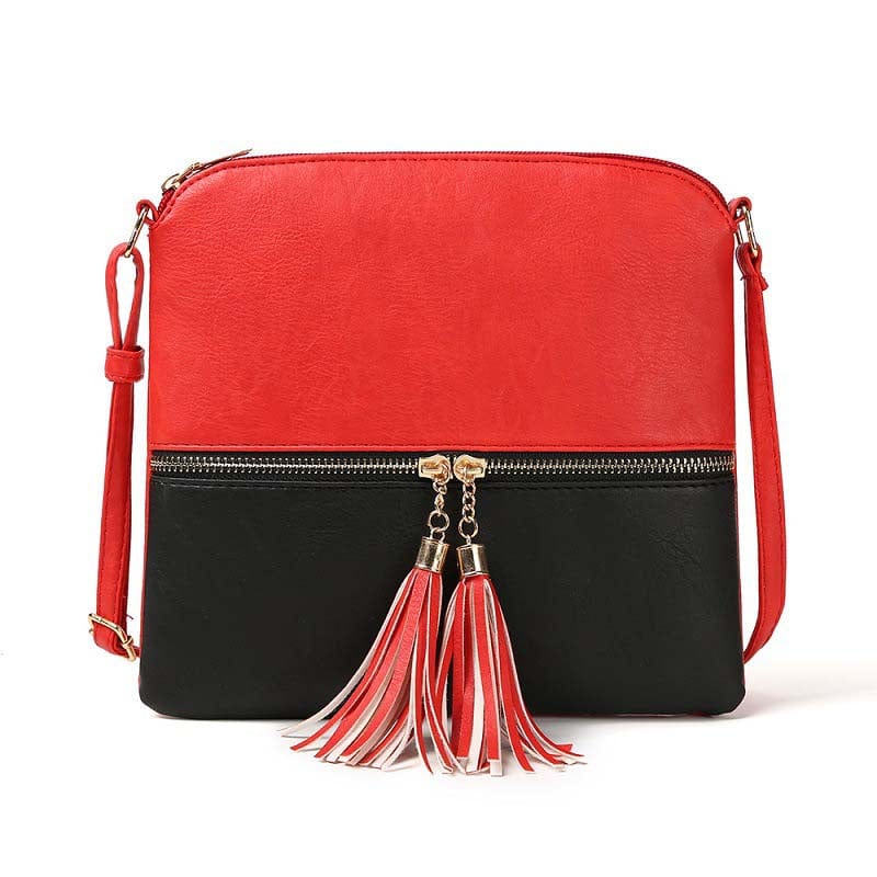 24*2*23cm / Red and black Lightweight Medium Sized Purse Dome Avery Crossbody Bag with Tassel and Zipper Pocket and Adjustable Strap