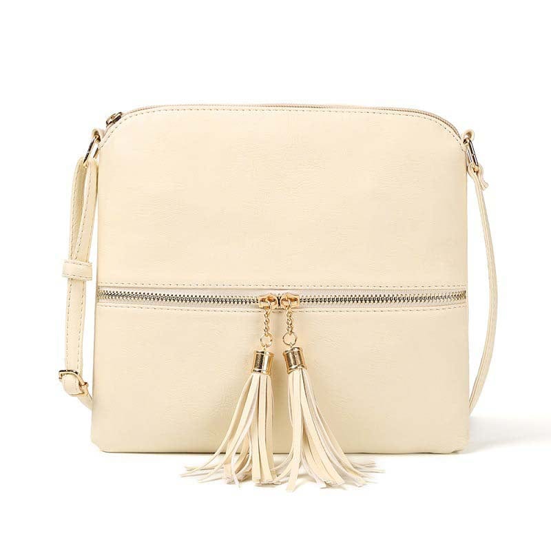 24*2*23cm / White Lightweight Medium Sized Purse Dome Avery Crossbody Bag with Tassel and Zipper Pocket and Adjustable Strap