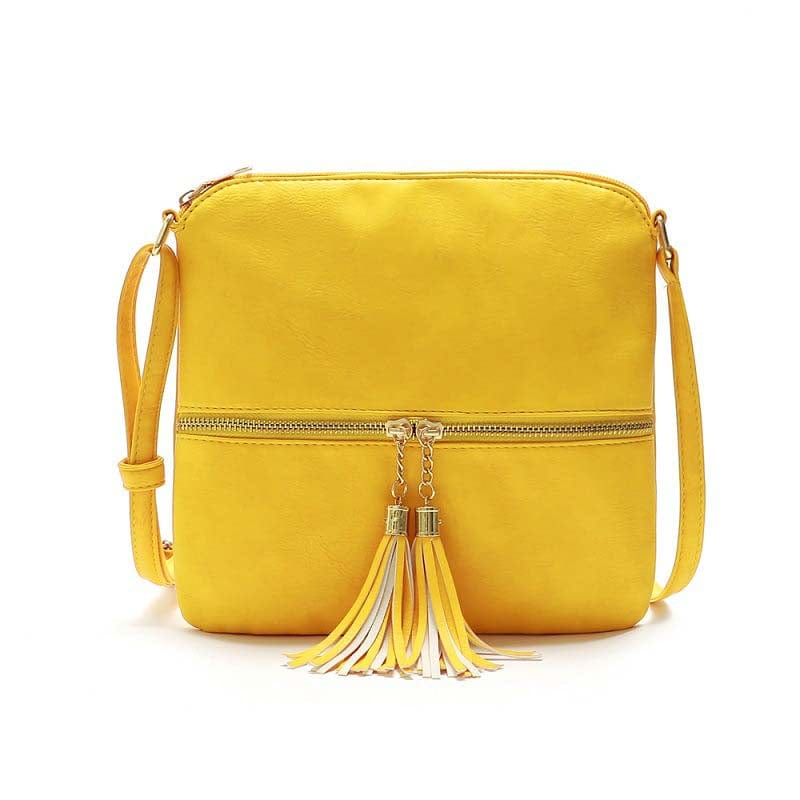 24*2*23cm / Yellow Lightweight Medium Sized Purse Dome Avery Crossbody Bag with Tassel and Zipper Pocket and Adjustable Strap