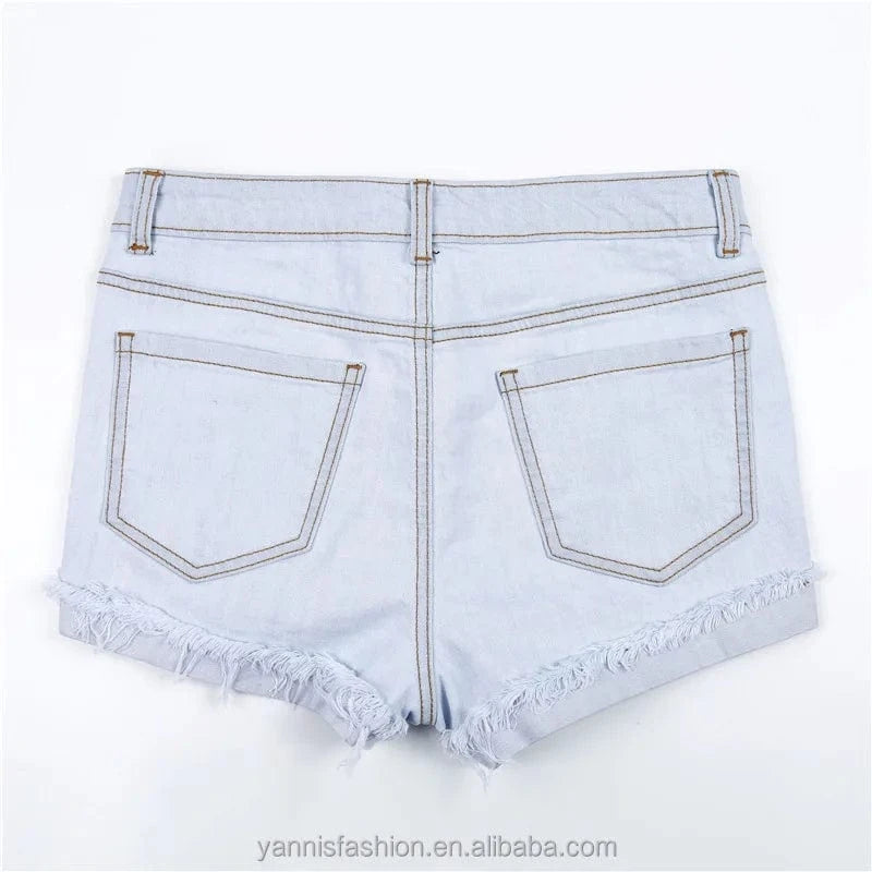 24-30 Sizes Summer Women's Flowers Embroidered Holes Short Washed High Waisted Denim Shorts E823