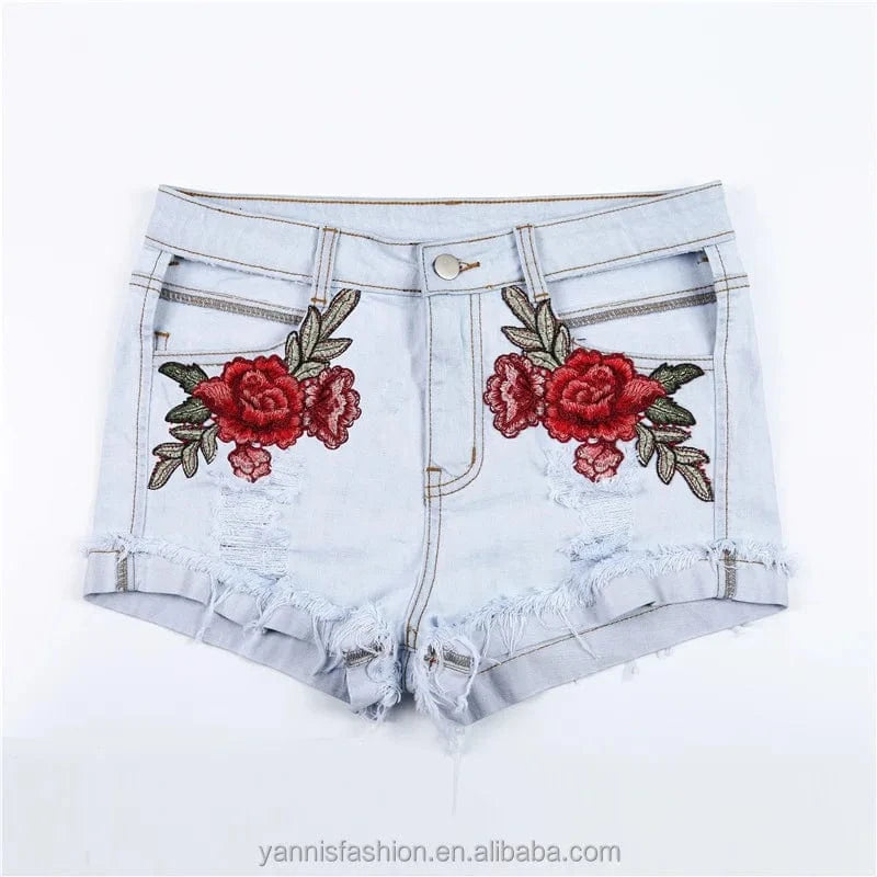 24-30 Sizes Summer Women's Flowers Embroidered Holes Short Washed High Waisted Denim Shorts E823