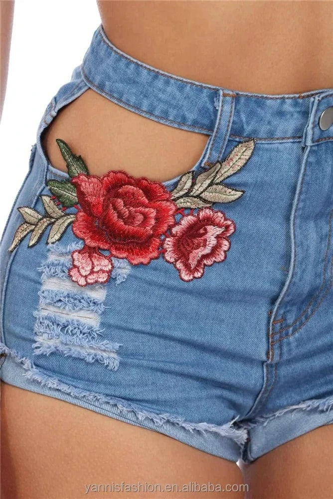24-30 Sizes Summer Women's Flowers Embroidered Holes Short Washed High Waisted Denim Shorts E823