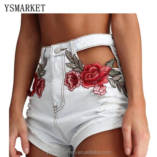 24-30 Sizes Summer Women's Flowers Embroidered Holes Short Washed High Waisted Denim Shorts E823
