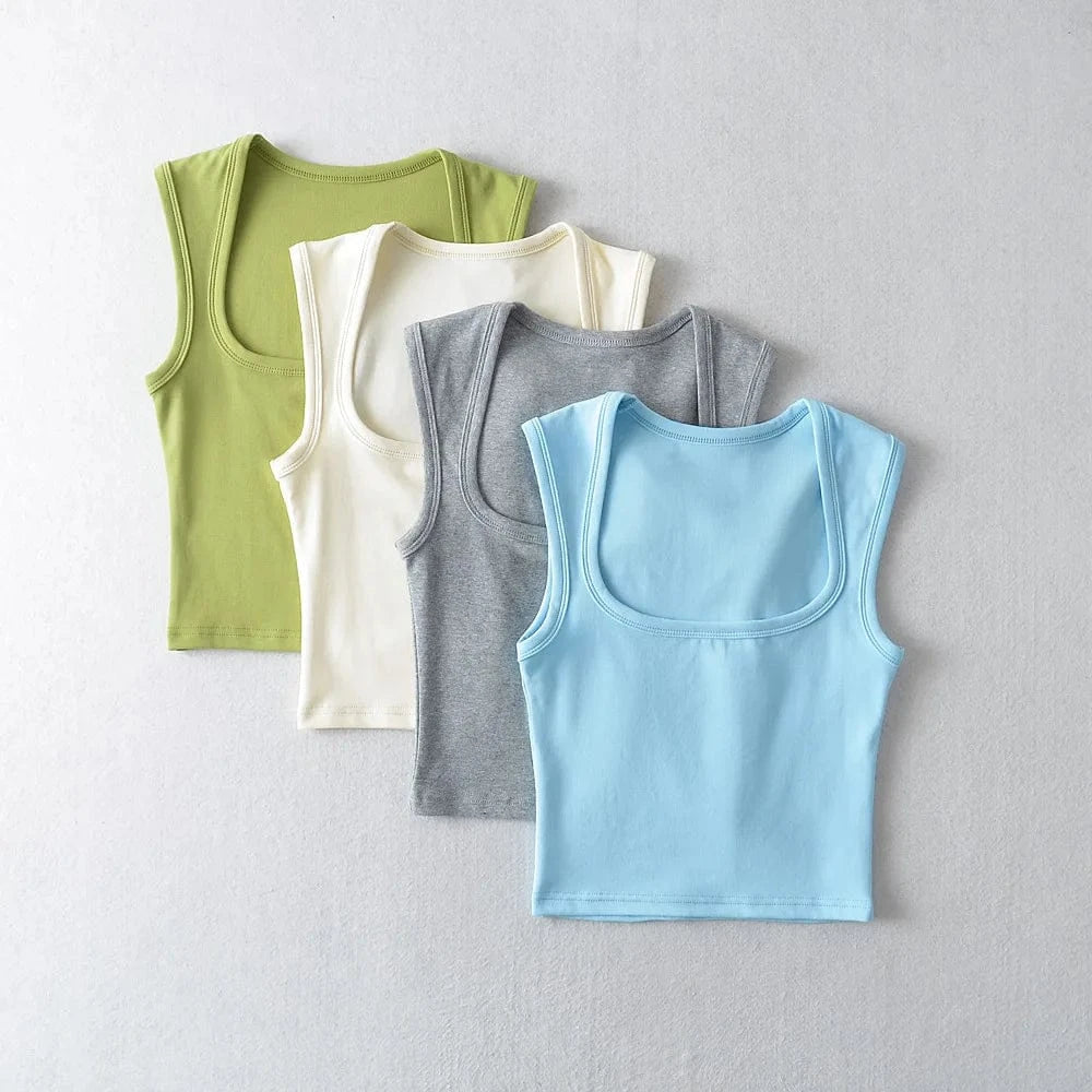 24 colors Custom logo blank plain Square Neck deep Wide Rib Stretchy Sleeveless Women's Tank top women crop top