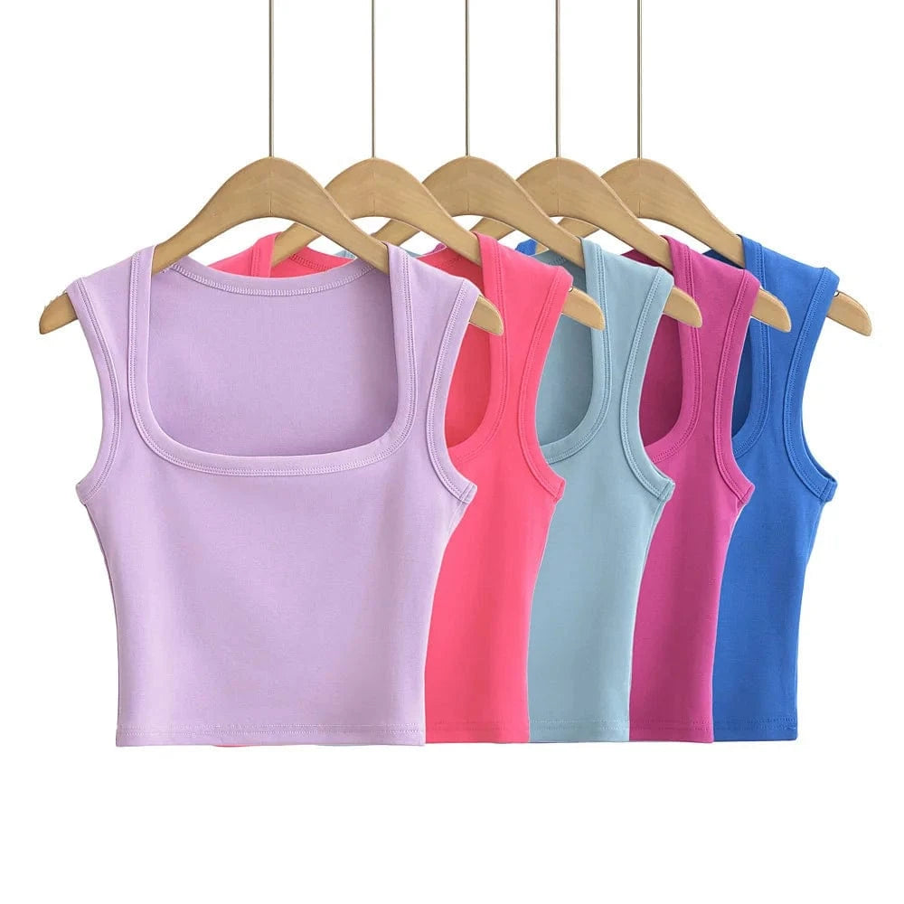 24 colors Custom logo blank plain Square Neck deep Wide Rib Stretchy Sleeveless Women's Tank top women crop top
