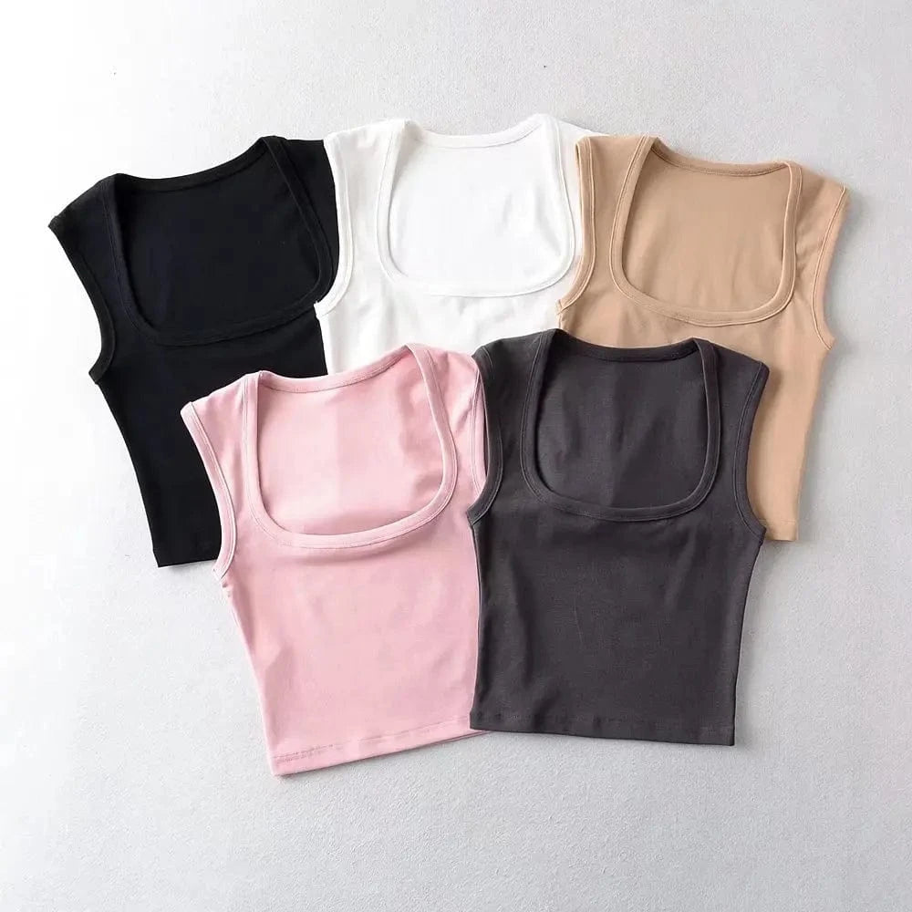 24 colors Custom logo blank plain Square Neck deep Wide Rib Stretchy Sleeveless Women's Tank top women crop top