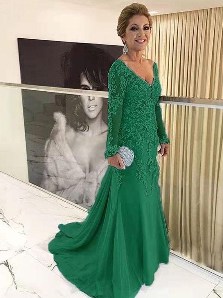 24 / green Elegant Blue Silver Mother of the Bride Dresses Long Sleeves 2022 V Neck Godmother Evening Dresses Wedding Party Guest Gowns New
