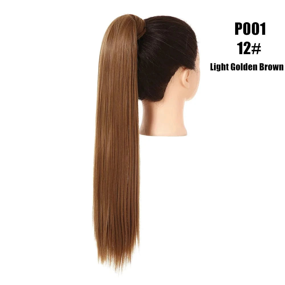 24 Inches / 12# Light Golden Brown Wholesale High Quality 24 Inch Synthetic Fiber Silky Straight Colorful  Wrap Around Hair Ponytail Extension Wig For White Women