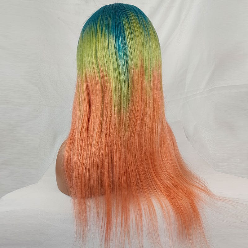 24 Inches / 13x4 250 density Ombre Wigs Human Hair Lace Front Blue Yellow Orange Rainbow Straight Frontal Lace Wig