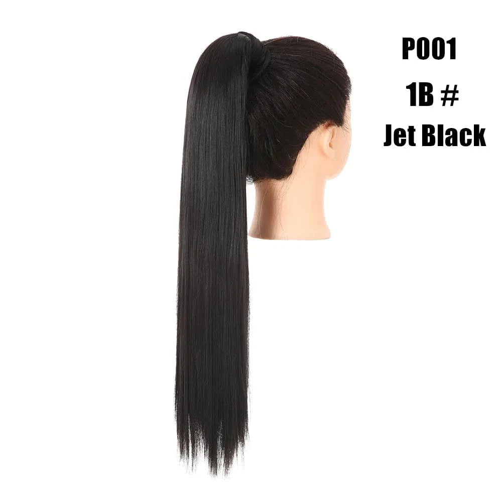 24 Inches / 1B Jet Black Wholesale High Quality 24 Inch Synthetic Fiber Silky Straight Colorful  Wrap Around Hair Ponytail Extension Wig For White Women
