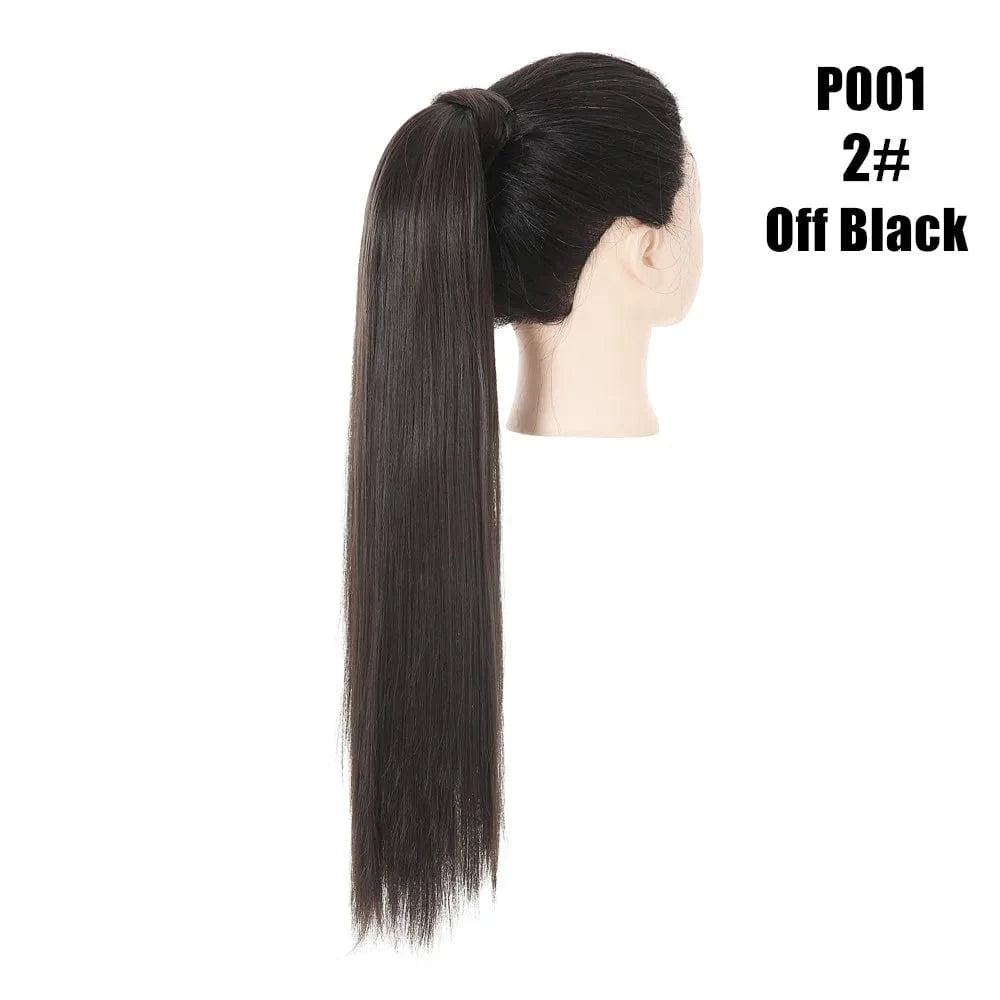 24 Inches / 2# Off Black Wholesale High Quality 24 Inch Synthetic Fiber Silky Straight Colorful  Wrap Around Hair Ponytail Extension Wig For White Women