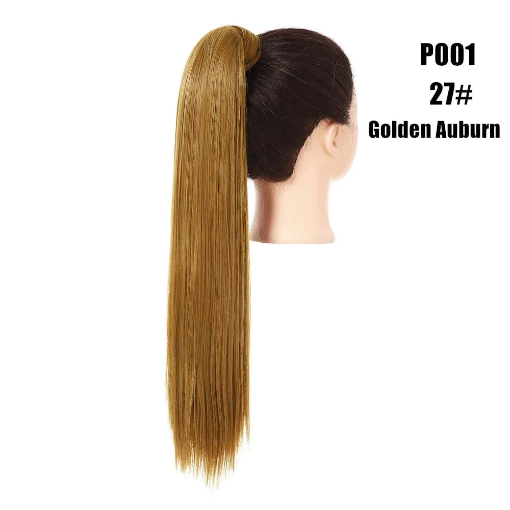 24 Inches / 27# Golden Auburn Wholesale High Quality 24 Inch Synthetic Fiber Silky Straight Colorful  Wrap Around Hair Ponytail Extension Wig For White Women