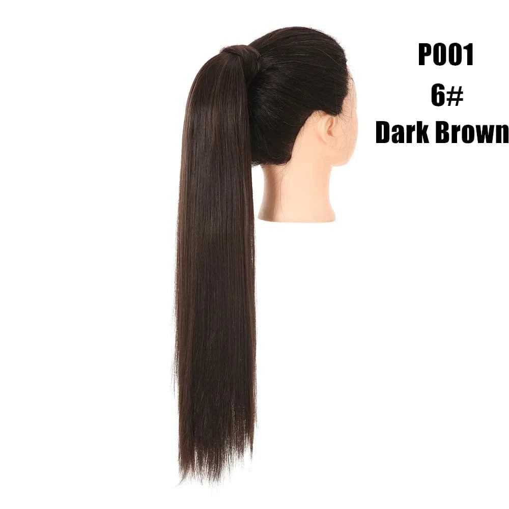 24 Inches / 6# Dark Brown Wholesale High Quality 24 Inch Synthetic Fiber Silky Straight Colorful  Wrap Around Hair Ponytail Extension Wig For White Women