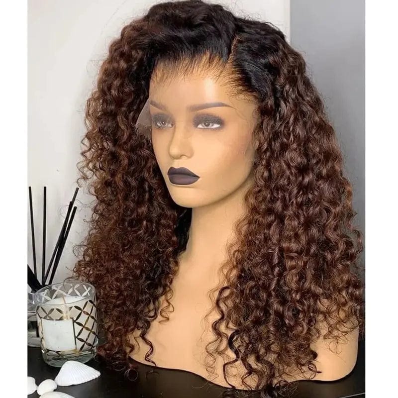 24 Inches / # Color3 High Density Brown Color Ombre Wig Deep Curly Texture Pre Plucked Cuticle Aligned Human Hair Lace Front Wigs