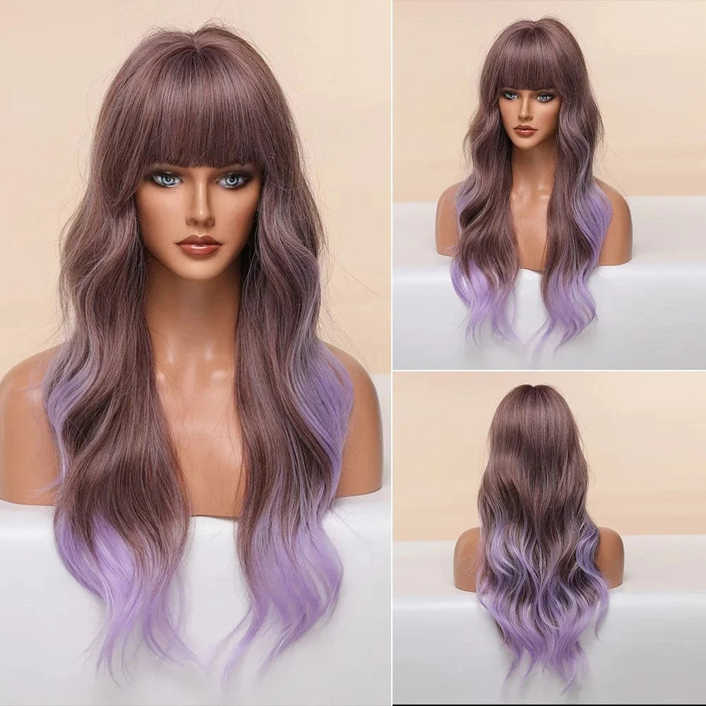 24 Inches / Grey to Purple SARLA Whole Sale High Temperature Fiber Wigs Customized Color Cheap Ladies Synthetic Long Body Wave Wigs With Bangs For Women