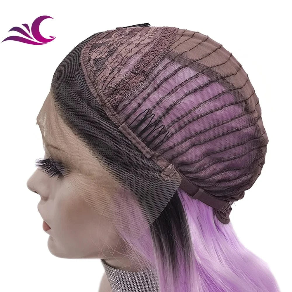 24 Inches / N15 U T1 2403 Celebrity Lilac Purple Dark Root 1b Ombre Pre-Plucked Futura Heat Resistant Fiber Synthetic Lace Front Wigs for Daily