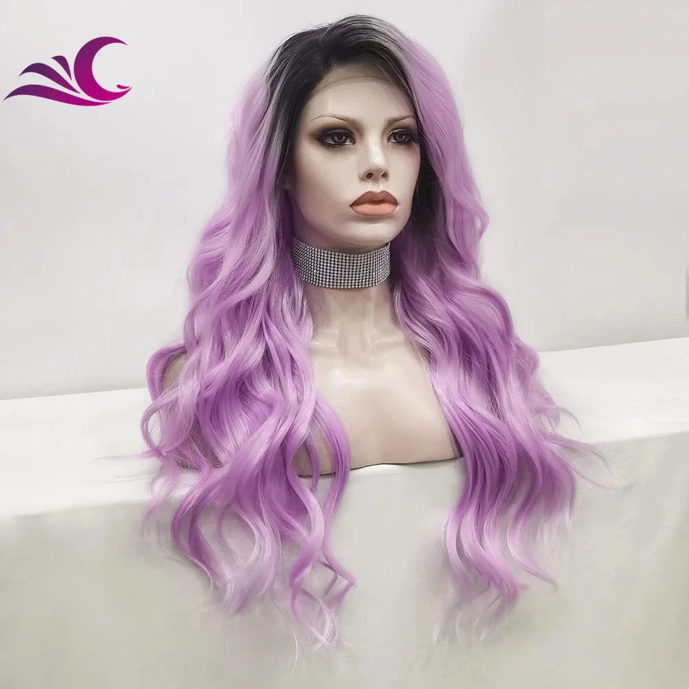 24 Inches / N15 U T1 2403 Celebrity Lilac Purple Dark Root 1b Ombre Pre-Plucked Futura Heat Resistant Fiber Synthetic Lace Front Wigs for Daily
