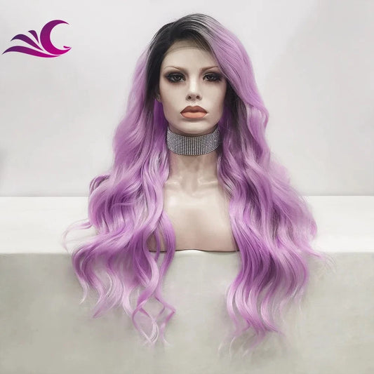 24 Inches / N15 U T1 2403 Celebrity Lilac Purple Dark Root 1b Ombre Pre-Plucked Futura Heat Resistant Fiber Synthetic Lace Front Wigs for Daily