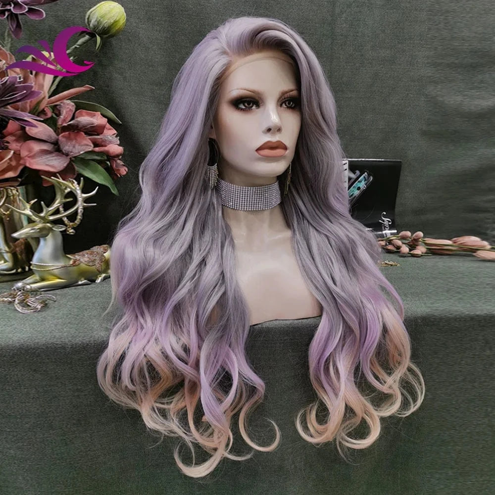 24 Inches / N36-C180 Celebrity Multicolor Highlight Ombre Purple Long Wavy Heat Resistant Fiber Party Cosplay Wig for Black Women