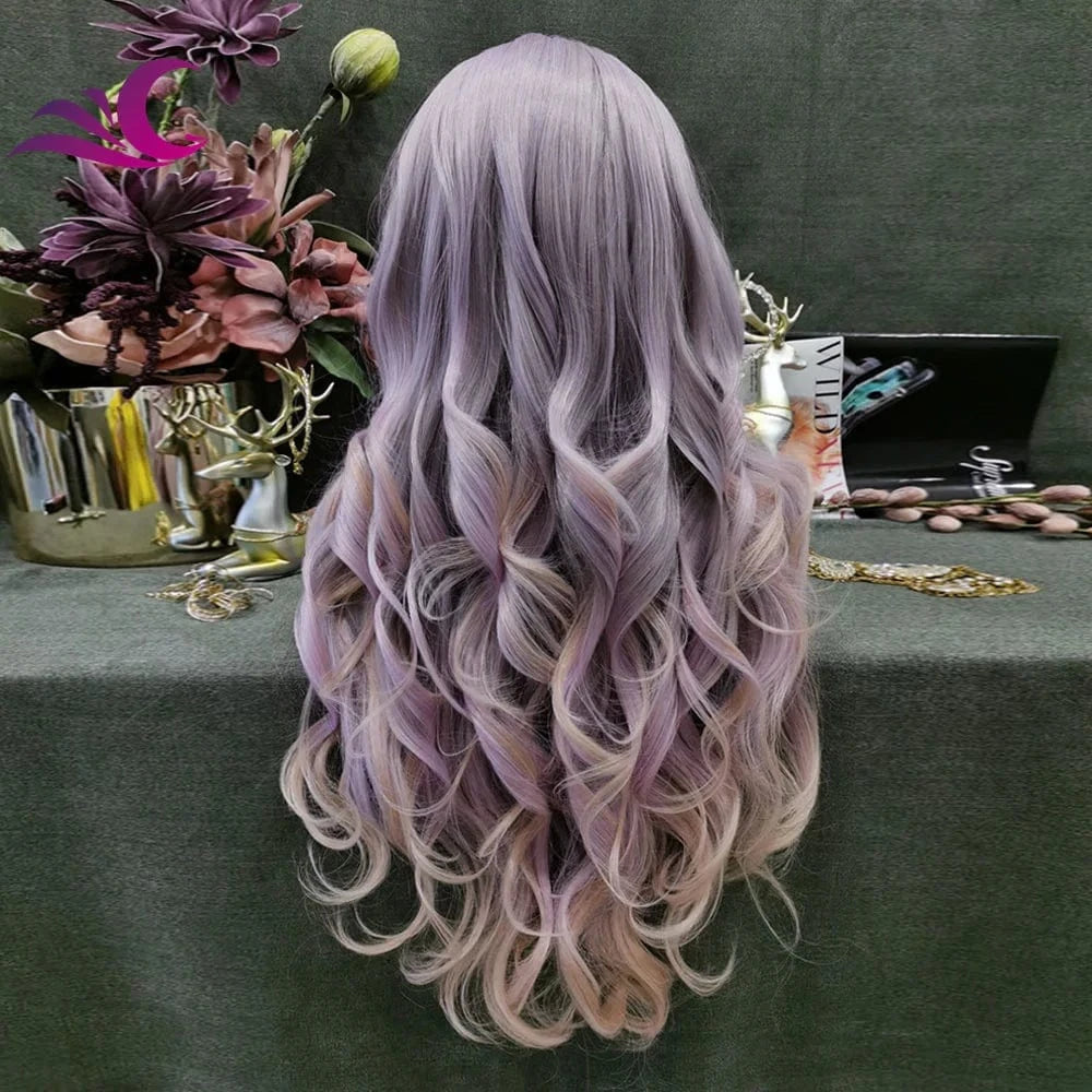 24 Inches / N36-C180 Celebrity Multicolor Highlight Ombre Purple Long Wavy Heat Resistant Fiber Party Cosplay Wig for Black Women
