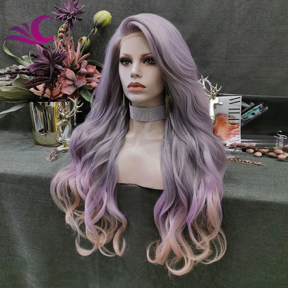 24 Inches / N36-C180 Celebrity Multicolor Highlight Ombre Purple Long Wavy Heat Resistant Fiber Party Cosplay Wig for Black Women