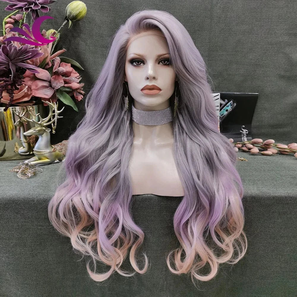 24 Inches / N36-C180 Celebrity Multicolor Highlight Ombre Purple Long Wavy Heat Resistant Fiber Party Cosplay Wig for Black Women