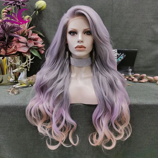 24 Inches / N36-C180 Celebrity Multicolor Highlight Ombre Purple Long Wavy Heat Resistant Fiber Party Cosplay Wig for Black Women