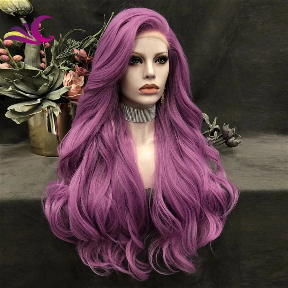 24 Inches / N36-C194 Celebrity 180% Density New Fashion Popular Lace Front Wig Purple Long Wavy Heat Resistant Fiber Party Cosplay for Black Women