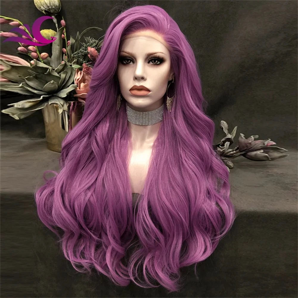 24 Inches / N36-C194 Celebrity 180% Density New Fashion Popular Lace Front Wig Purple Long Wavy Heat Resistant Fiber Party Cosplay for Black Women