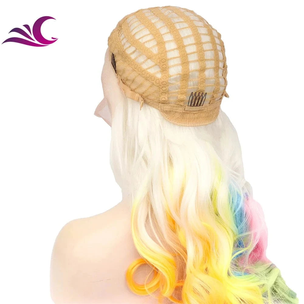 24 Inches / N5-Multicolor Celebrity Rainbow Multicolor Synthetic Lace Front Wig Long Wavy Heat Resistant Fiber Party Cosplay Wig