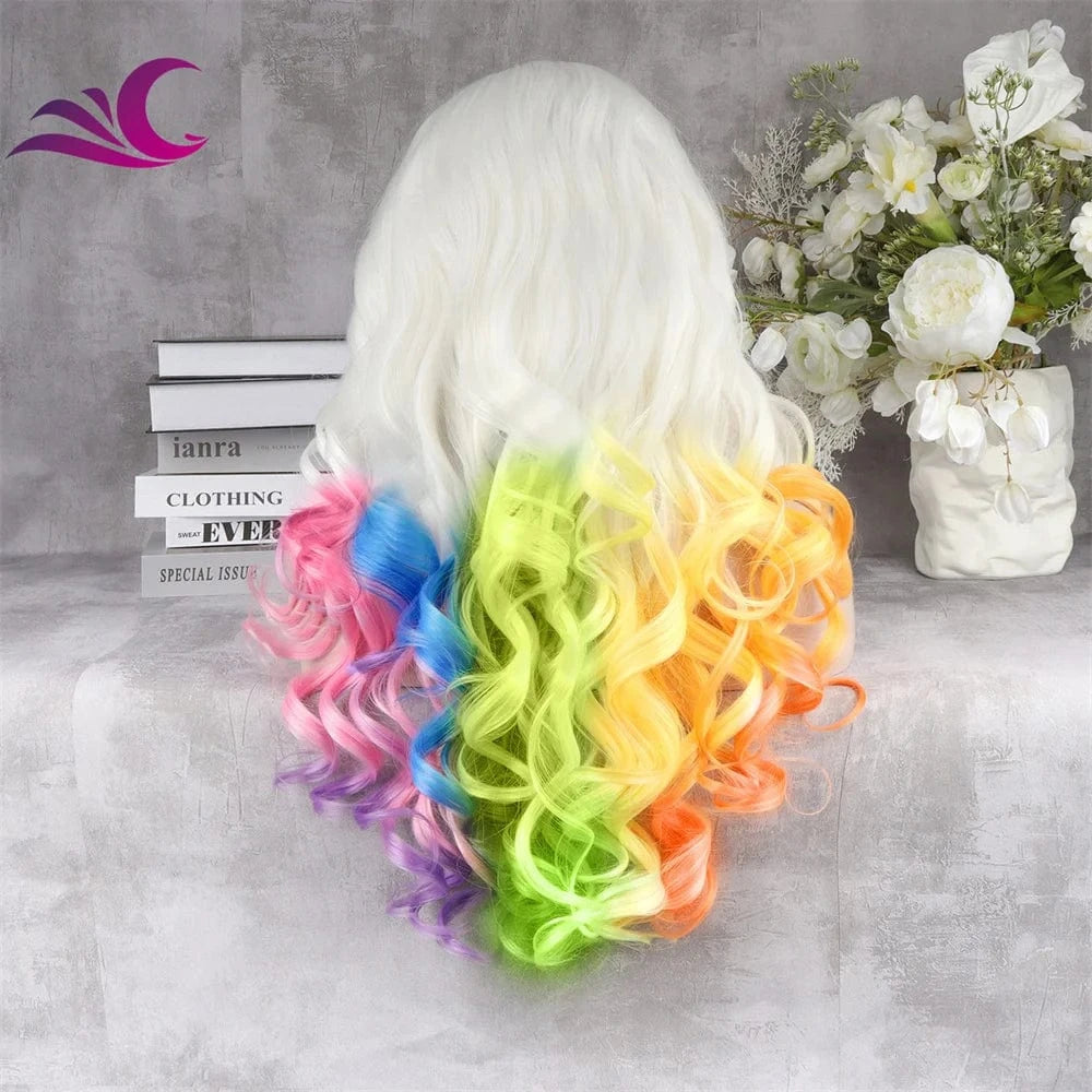 24 Inches / N5-Multicolor Celebrity Rainbow Multicolor Synthetic Lace Front Wig Long Wavy Heat Resistant Fiber Party Cosplay Wig