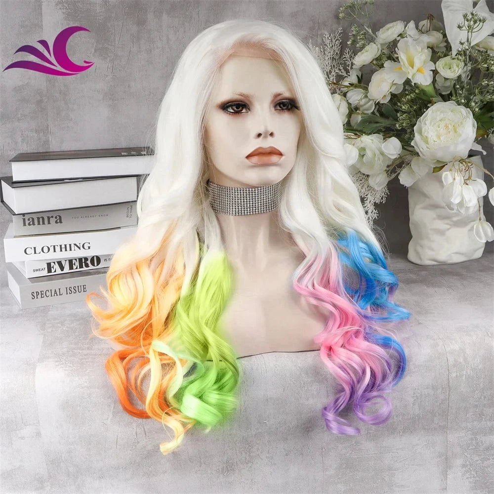 24 Inches / N5-Multicolor Celebrity Rainbow Multicolor Synthetic Lace Front Wig Long Wavy Heat Resistant Fiber Party Cosplay Wig